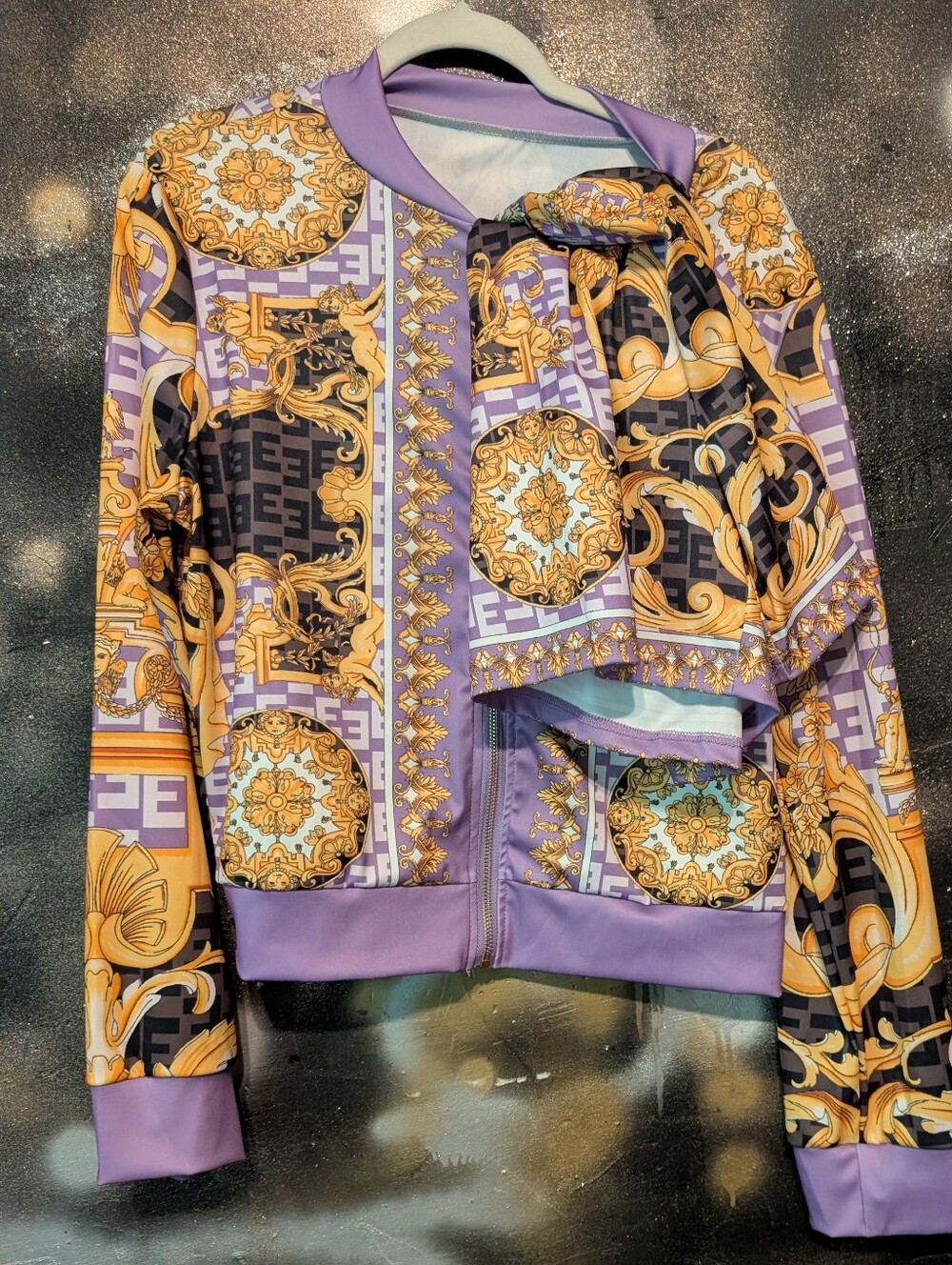 Lavender & Gold Baroque Print Bomber Jacket And Shorts Set